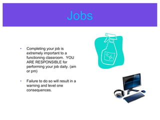 Jobs
• Completing your job is
extremely important to a
functioning classroom. YOU
ARE RESPONSIBLE for
performing your job daily. (am
or pm)
• Failure to do so will result in a
warning and level one
consequences.
 