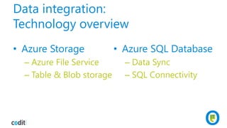 Data integration:
Technology overview
• Azure Storage
– Azure File Service
– Table & Blob storage
• Azure SQL Database
– Data Sync
– SQL Connectivity
 