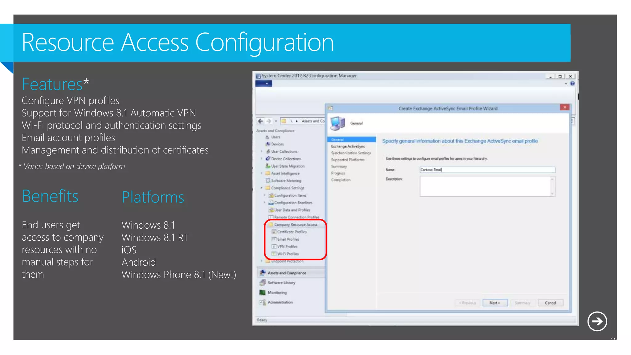 Resource Access Configuration
29
Platforms
Windows 8.1
Windows 8.1 RT
iOS
Android
Windows Phone 8.1 (New!)
Benefits
End users get
access to company
resources with no
manual steps for
them
Features*
Configure VPN profiles
Support for Windows 8.1 Automatic VPN
Wi-Fi protocol and authentication settings
Email account profiles
Management and distribution of certificates
 
