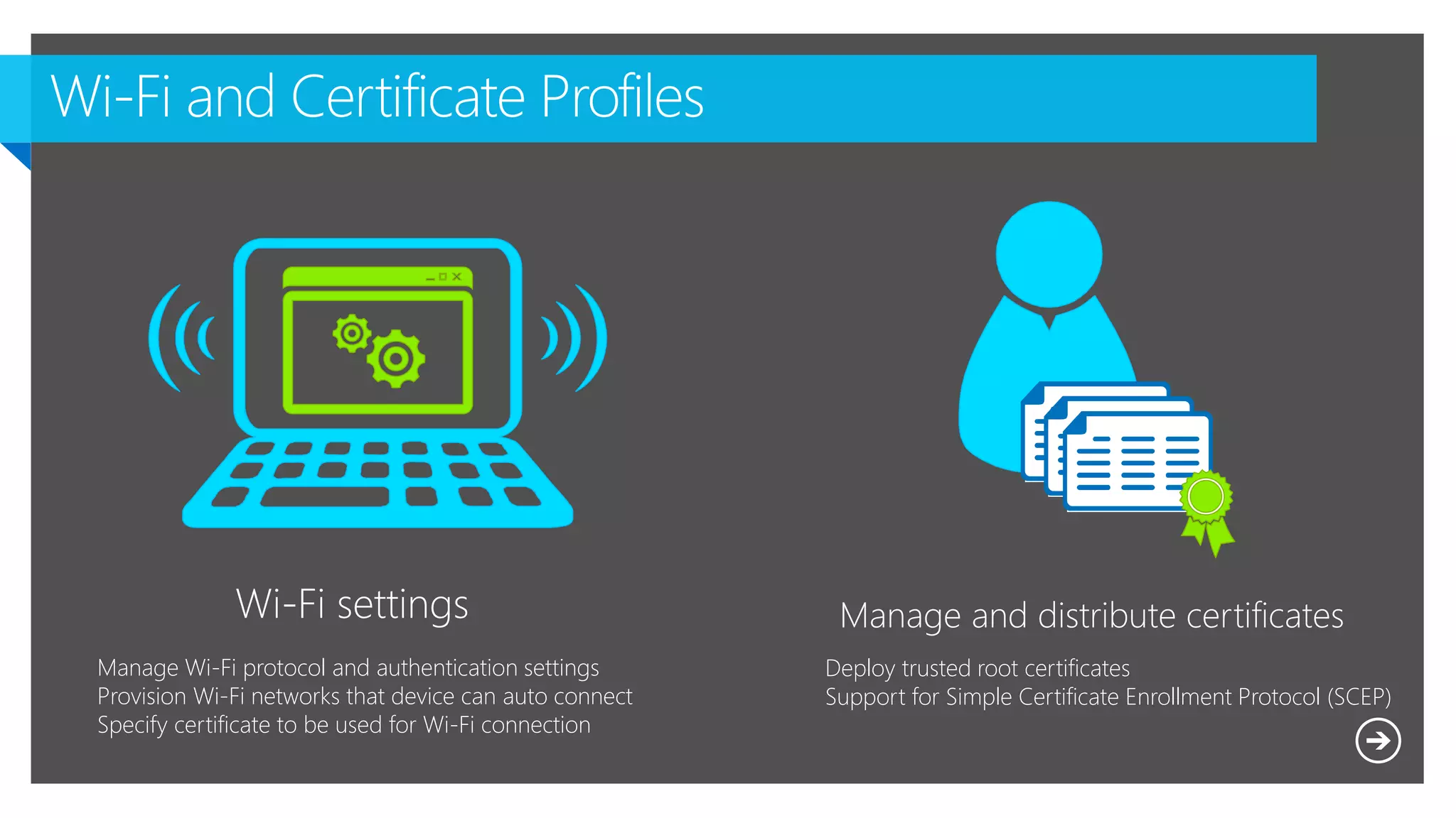 Wi-Fi settings Manage and distribute certificates
Deploy trusted root certificates
Support for Simple Certificate Enrollment Protocol (SCEP)
Manage Wi-Fi protocol and authentication settings
Provision Wi-Fi networks that device can auto connect
Specify certificate to be used for Wi-Fi connection
 