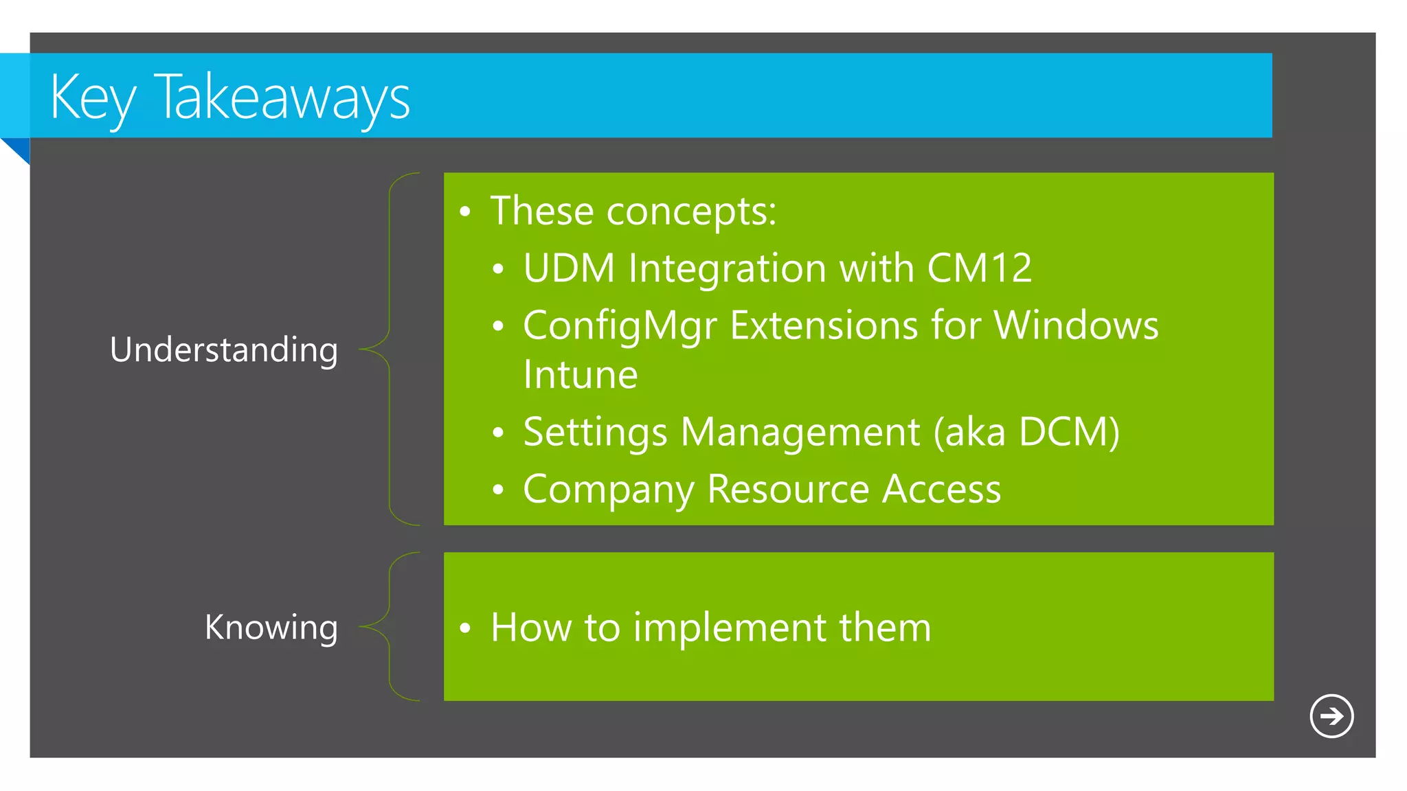 Microsoft NDA Confidential
Understanding
• These concepts:
• UDM Integration with CM12
• ConfigMgr Extensions for Windows
Intune
• Settings Management (aka DCM)
• Company Resource Access
Knowing • How to implement them
 