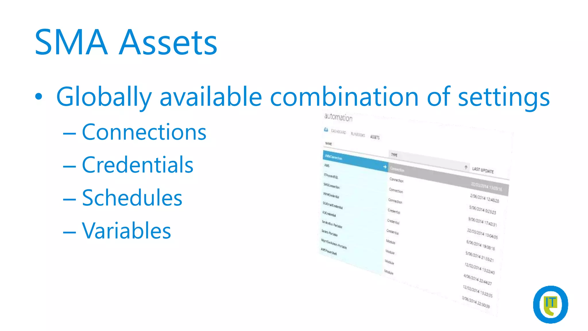 SMA Assets
• Globally available combination of settings
– Connections
– Credentials
– Schedules
– Variables
 