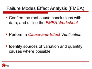 Failure Modes Effect Analysis (FMEA)   <ul><li>Confirm the root cause conclusions with data, and utilise the  FMEA Workshe...