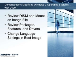 DISM Command-Line ExamplesMount an Image for Servicing:>dism /mount-wim /wimfile:wimfile.wim/index:# /mountdir:mount directoryReview Drivers:>dism /image:mount directory /get-driversAdd a Driver:>dism /image:mount directory /add-driver /driver