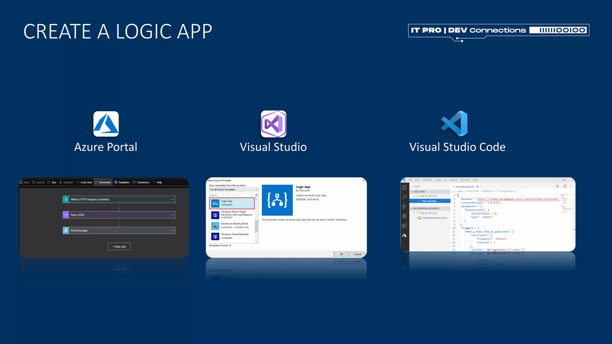 CREATE A LOGIC APP
Azure Portal Visual Studio Visual Studio Code
 