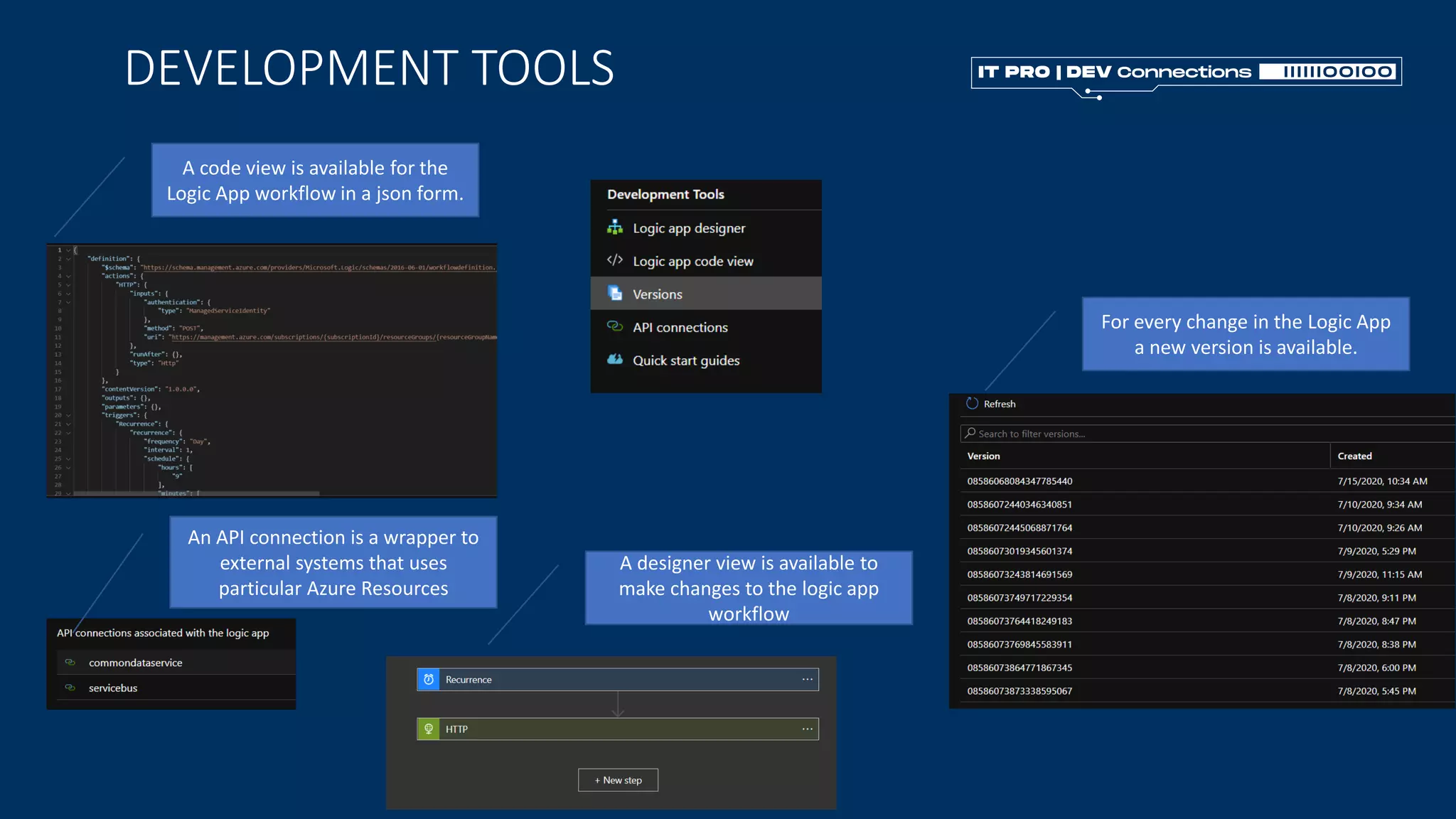 DEVELOPMENT TOOLS
For every change in the Logic App
a new version is available.
A code view is available for the
Logic App workflow in a json form.
An API connection is a wrapper to
external systems that uses
particular Azure Resources
A designer view is available to
make changes to the logic app
workflow
 