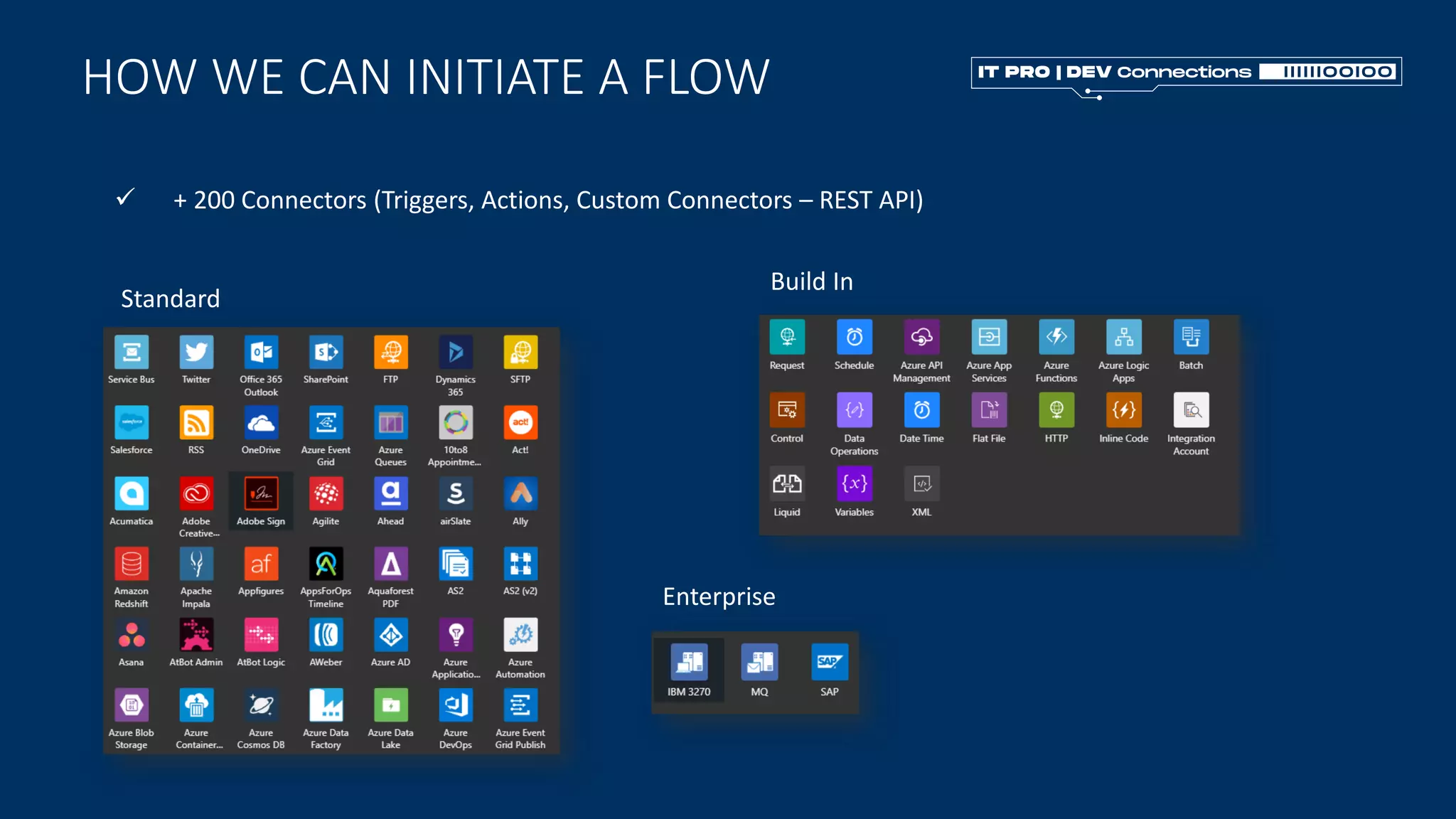 HOW WE CAN INITIATE A FLOW
Build In
Standard
Enterprise
✓ + 200 Connectors (Triggers, Actions, Custom Connectors – REST API)
 