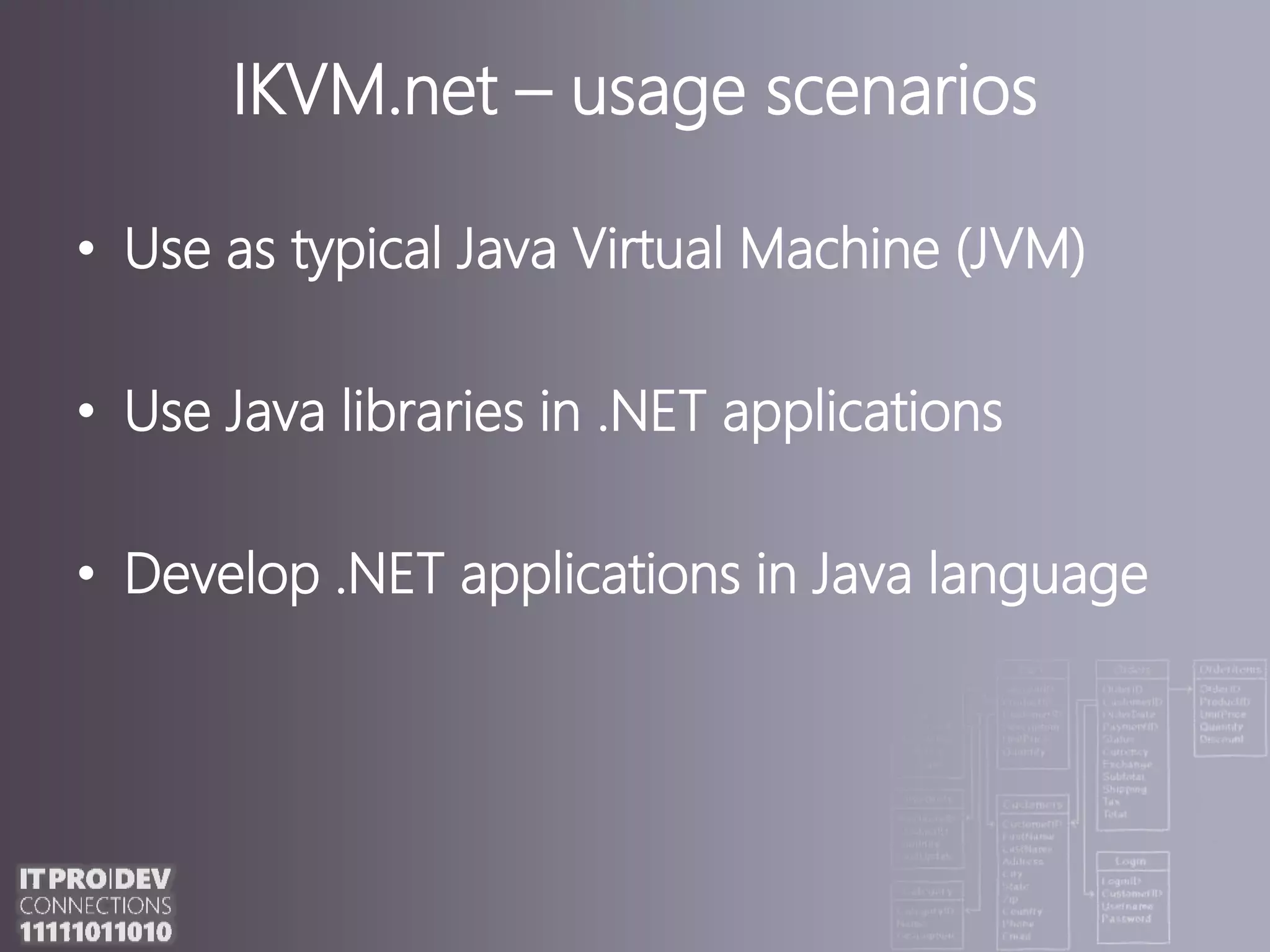 IKVM.net – usage scenariosUse as typical Java Virtual Machine (JVM)Use Java libraries in .ΝΕΤ applicationsDevelop .NET applications in Java language