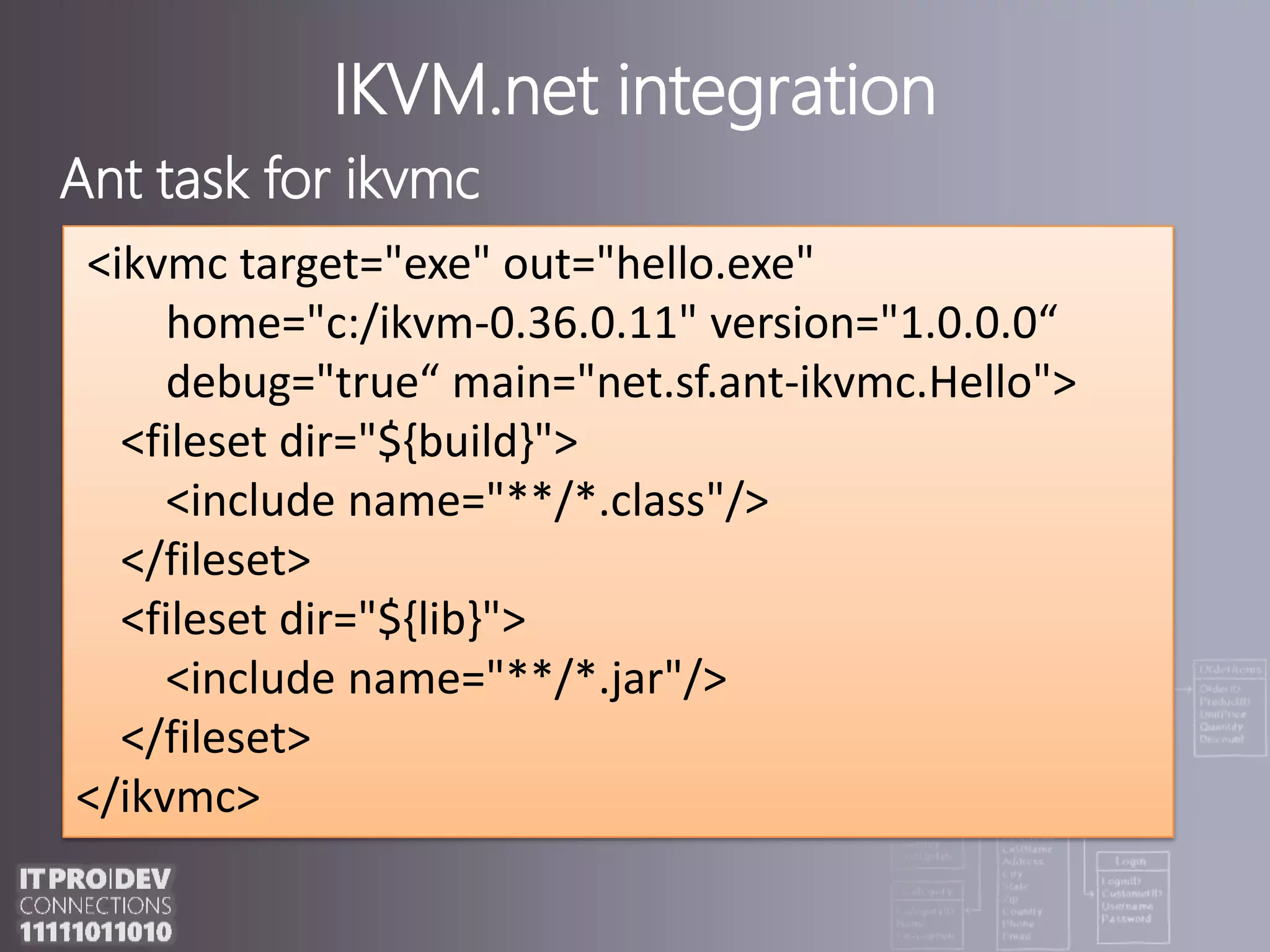 IKVM.netintegrationAnt task for ikvmc <ikvmc target="exe" out="hello.exe"         home="c:/ikvm-0.36.0.11" version="1.0.0.0“       debug="true“ main="net.sf.ant-ikvmc.Hello">   <fileset dir="${build}">       <include name="**/*.class"/>    </fileset>   <fileset dir="${lib}">       <include name="**/*.jar"/>   </fileset></ikvmc> 