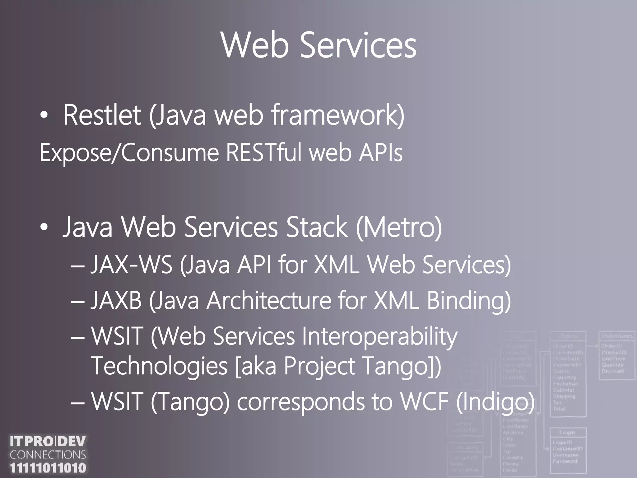 Web ServicesRestlet (Java web framework)Expose/Consume RESTful web APIsJava Web Services Stack (Metro)JAX-WS (Java API for XML Web Services)JAXB (Java Architecture for XML Binding)WSIT (Web Services Interoperability Technologies [aka Project Tango])WSIT (Tango) corresponds to WCF (Indigo)