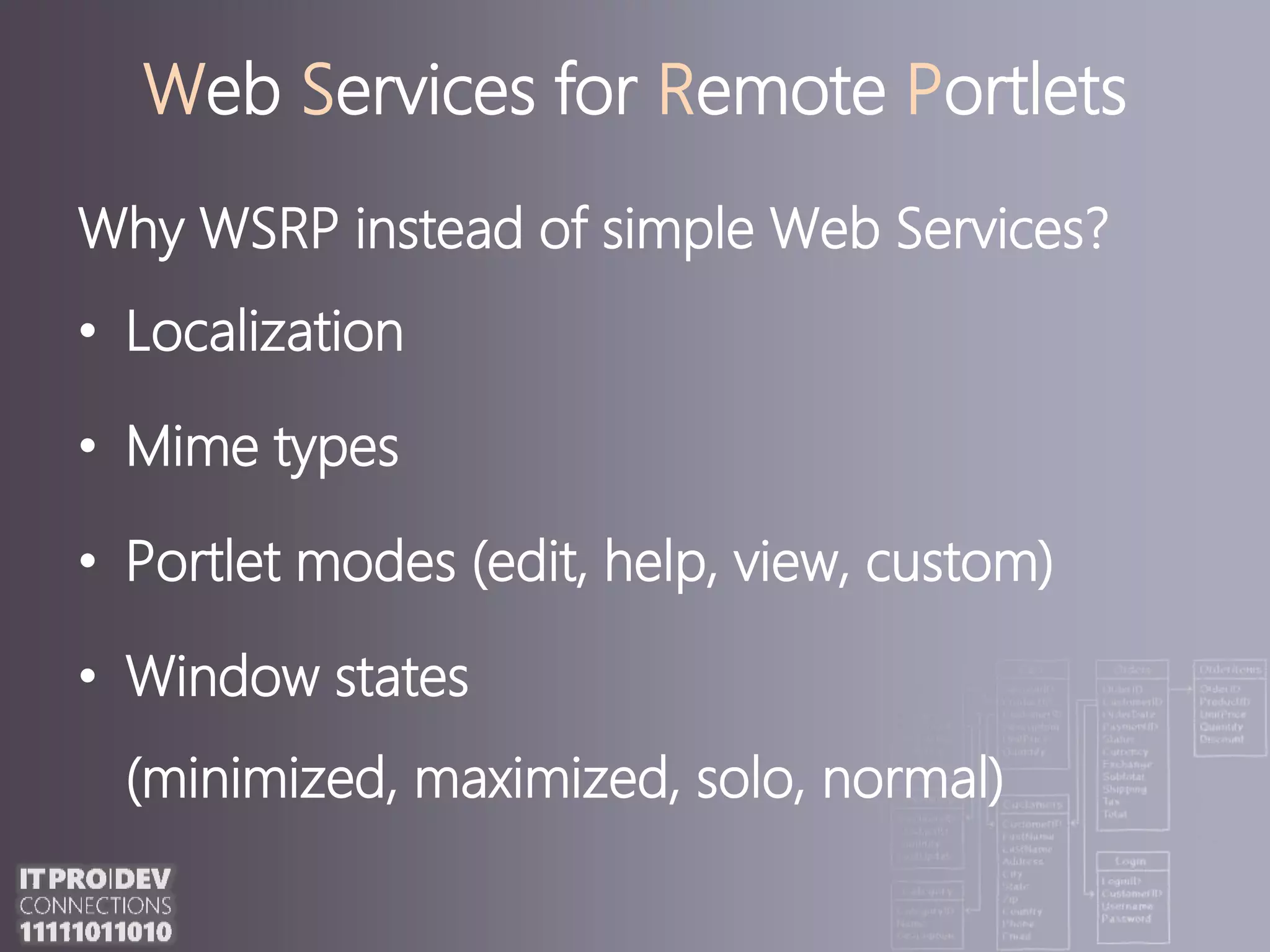 Web Services for Remote PortletsWhy WSRPinstead of simple Web Services?LocalizationMime typesPortlet modes (edit, help, view, custom)Window states (minimized, maximized, solo, normal)