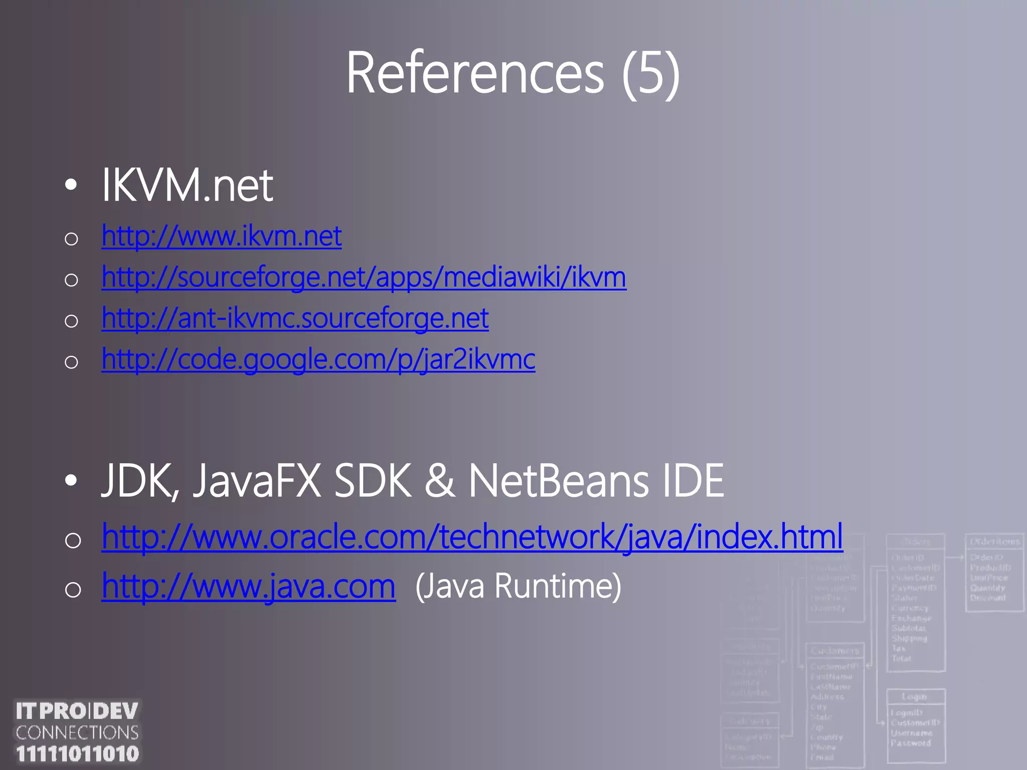 http://download.oracle.com/javase/1.4.2/docs/guide/beans/axbridge/developerguide/examples.htmlJava C# Bridgehttp://java-cs-bridge.sourceforge.netCaffeinehttp://caffeine.berlios.de/site