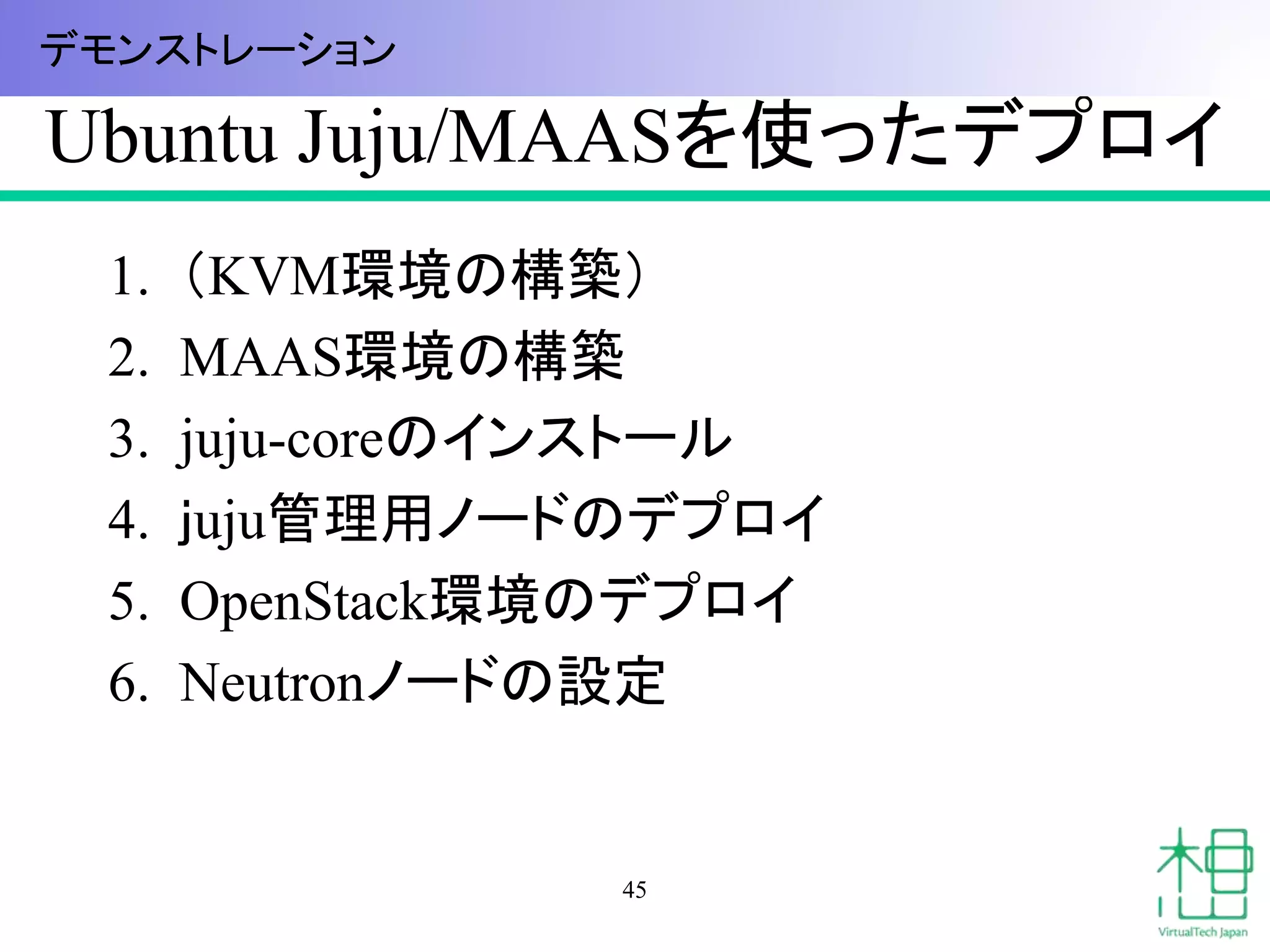 Ubuntu Juju/MAASを使ったデプロイ 
1. （KVM環境の構築） 
2. MAAS環境の構築 
3. juju-coreのインストール 
4. ｊuju管理用ノードのデプロイ 
5. OpenStack環境のデプロイ 
6. Neutronノードの設定 
45 
デモンストレーション 
 