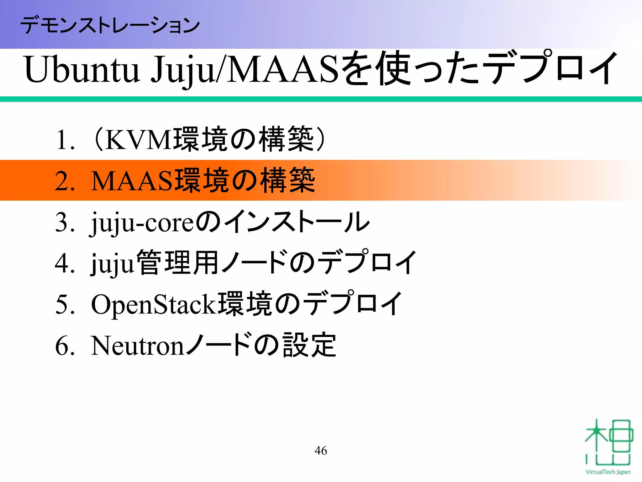 Ubuntu Juju/MAASを使ったデプロイ 
1. （KVM環境の構築） 
2. MAAS環境の構築 
3. juju-coreのインストール 
4. ｊuju管理用ノードのデプロイ 
5. OpenStack環境のデプロイ 
6. Neutronノードの設定 
46 
デモンストレーション 
 
