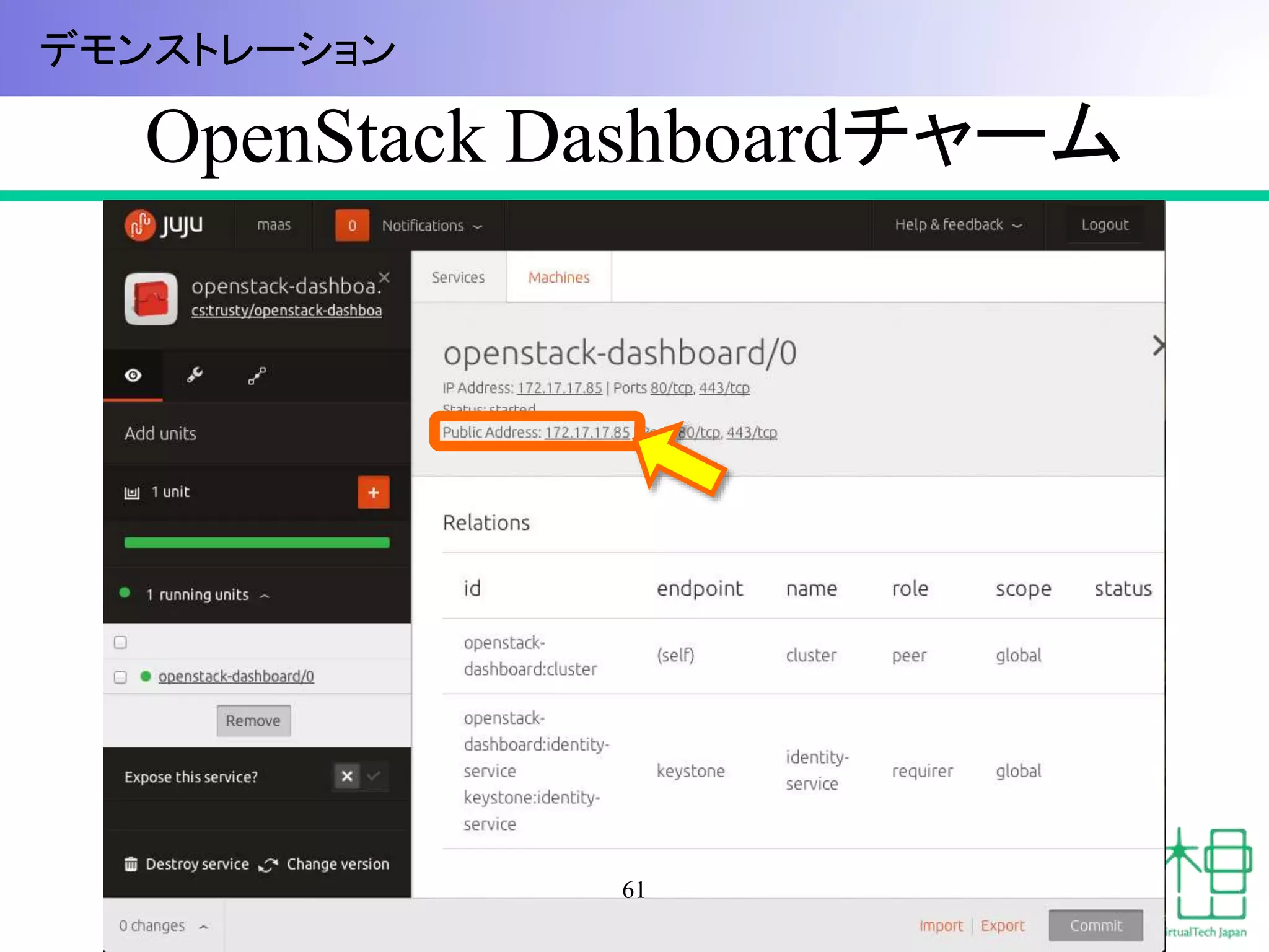 OpenStack Dashboardチャーム 
61 
デモンストレーション 
 