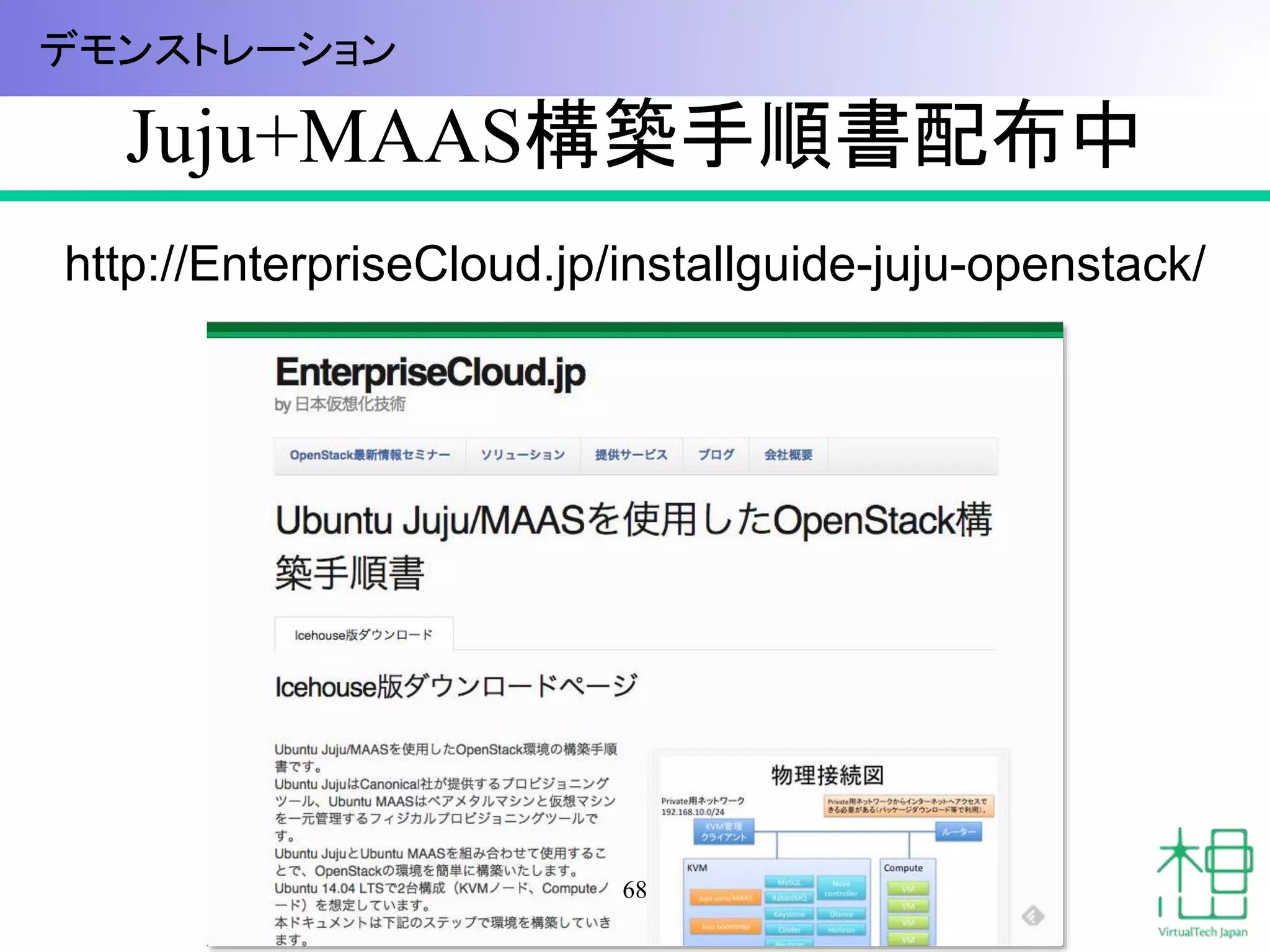 Juju+MAAS構築手順書配布中 
http://EnterpriseCloud.jp/installguide-juju-openstack/ 
68 
デモンストレーション 
 