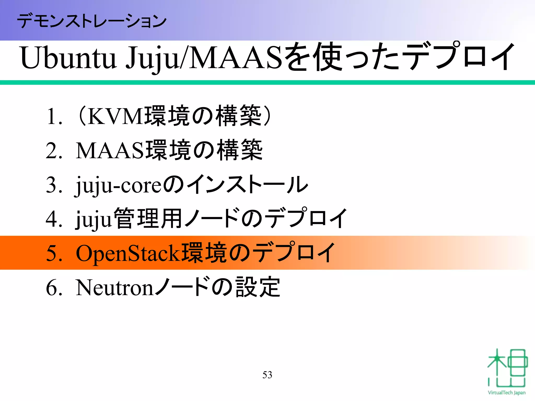 Ubuntu Juju/MAASを使ったデプロイ
1. （KVM環境の構築）
2. MAAS環境の構築
3. juju-coreのインストール
4. ｊuju管理用ノードのデプロイ
5. OpenStack環境のデプロイ
6. Neutronノードの設定
53
デモンストレーション
 