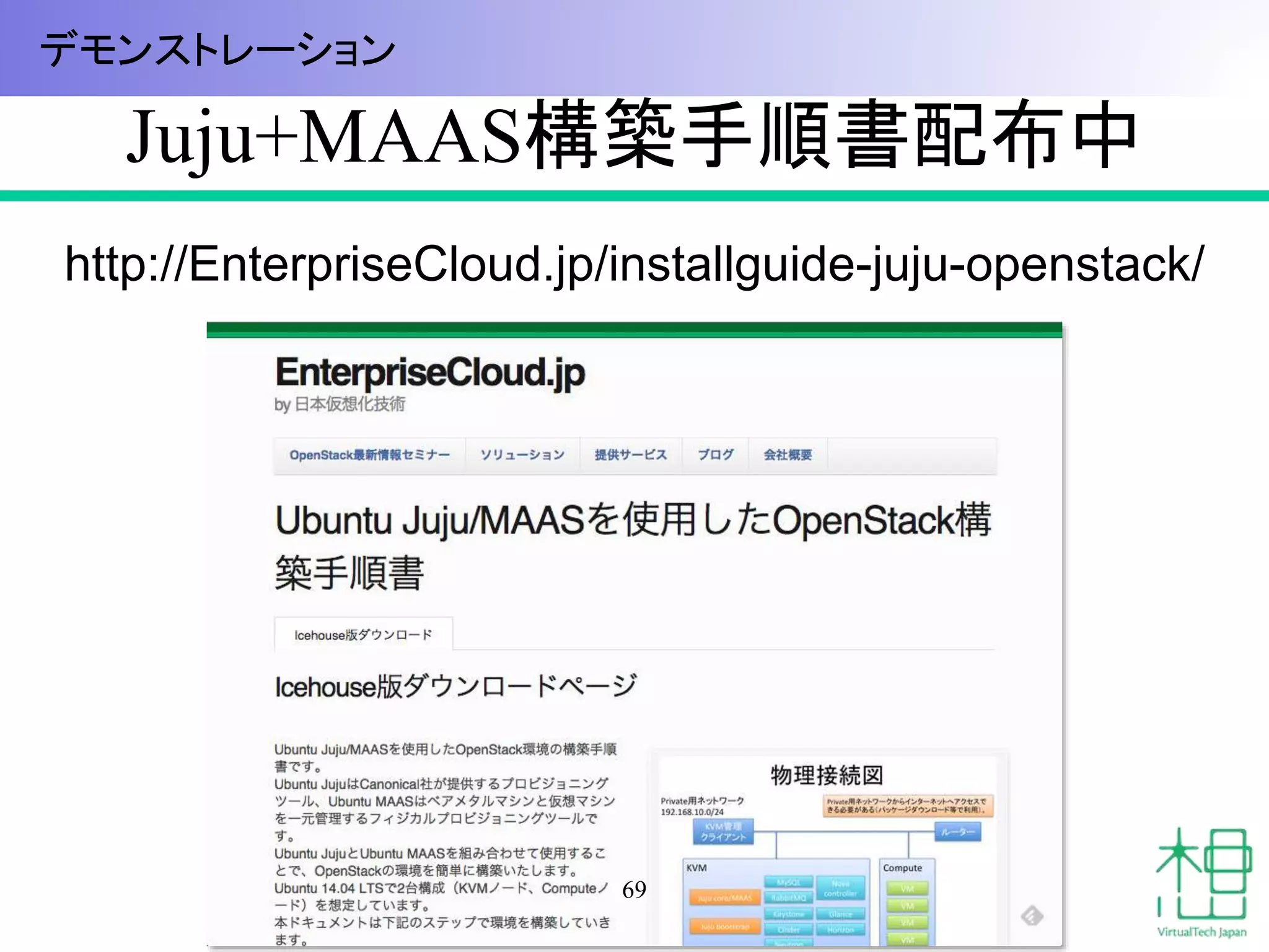 Juju+MAAS構築手順書配布中
69
http://EnterpriseCloud.jp/installguide-juju-openstack/
デモンストレーション
 