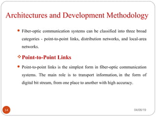   Architectures and Development Methodology
 Fiber-optic communication systems can be classified into three broad 
categories - point-to-point links, distribution networks, and local-area 
networks.
Point-to-Point Links
 Point-to-point links is the simplest form in fiber-optic communication 
systems.  The  main  role  is  to  transport  information, in  the  form  of 
digital bit stream, from one place to another with high accuracy.
04/06/1914
 