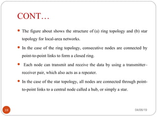 CONT…
 The figure about shows the structure of (a) ring topology and (b) star
topology for local-area networks.
 In the case of the ring topology, consecutive nodes are connected by
point-to-point links to form a closed ring.
 Each node can transmit and receive the data by using a transmitter–
receiver pair, which also acts as a repeater.
 In the case of the star topology, all nodes are connected through point-
to-point links to a central node called a hub, or simply a star.
04/06/1919
 