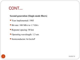 CONT…
Second generation (Single-mode fibers)
Year implemented: 1985
Bit rate: 100 Mb/s to 1.7 Gb/s
Repeater spacing: 50 km
Operating wavelength: 1.3 um
Semiconductor: In GaAsP
04/06/197
 