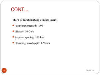 CONT…
Third generation (Single-mode lasers)
 Year implemented: 1990
 Bit rate: 10 Gb/s
Repeater spacing: 100 km
Operating wavelength: 1.55 um
04/06/198
 