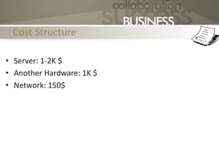Cost Structure
• Server: 1-2K $
• Another Hardware: 1K $
• Network: 150$
 