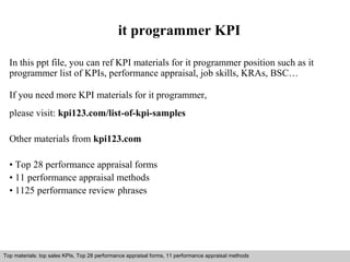 it programmer KPI 
In this ppt file, you can ref KPI materials for it programmer position such as it 
programmer list of KPIs, performance appraisal, job skills, KRAs, BSC… 
If you need more KPI materials for it programmer, 
please visit: kpi123.com/list-of-kpi-samples 
Other materials from kpi123.com 
• Top 28 performance appraisal forms 
• 11 performance appraisal methods 
• 1125 performance review phrases 
Top materials: top sales KPIs, Top 28 performance appraisal forms, 11 performance appraisal methods 
Interview questions and answers – free download/ pdf and ppt file 
 