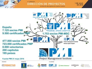 12
España
7.125 socios PMI
9.500 certificados PMP 1.753 socios PMI-MSC
477.000 socios PMI
723.000 certificados PMP
8.000 v...