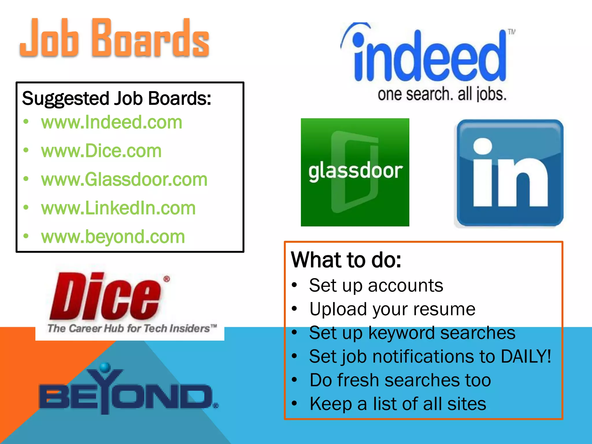 What to do:
• Set up accounts
• Upload your resume
• Set up keyword searches
• Set job notifications to DAILY!
• Do fresh searches too
• Keep a list of all sites
Suggested Job Boards:
• www.Indeed.com
• www.Dice.com
• www.Glassdoor.com
• www.LinkedIn.com
• www.beyond.com
Job Boards
 