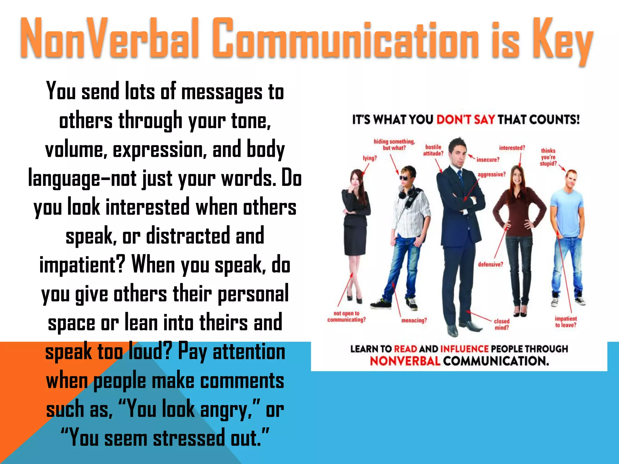 You send lots of messages to
others through your tone,
volume, expression, and body
language–not just your words. Do
you look interested when others
speak, or distracted and
impatient? When you speak, do
you give others their personal
space or lean into theirs and
speak too loud? Pay attention
when people make comments
such as, “You look angry,” or
“You seem stressed out.”
NonVerbal Communication is Key
 