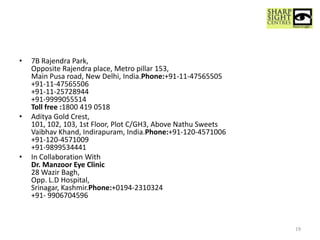 • 7B Rajendra Park,
Opposite Rajendra place, Metro pillar 153,
Main Pusa road, New Delhi, India.Phone:+91-11-47565505
+91-11-47565506
+91-11-25728944
+91-9999055514
Toll free :1800 419 0518
• Aditya Gold Crest,
101, 102, 103, 1st Floor, Plot C/GH3, Above Nathu Sweets
Vaibhav Khand, Indirapuram, India.Phone:+91-120-4571006
+91-120-4571009
+91-9899534441
• In Collaboration With
Dr. Manzoor Eye Clinic
28 Wazir Bagh,
Opp. L.D Hospital,
Srinagar, Kashmir.Phone:+0194-2310324
+91- 9906704596
19
 