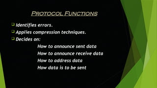 Protocol Functions
 Identifies errors.
 Applies compression techniques.
 Decides on:
How to announce sent data
How to announce receive data
How to address data
How data is to be sent
 