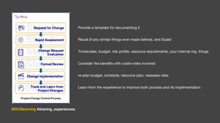 #DCOlearning #sharing_experiences
Provide a template for documenting it
Recall (if any similar things ever made before), and Scale!
Timescales, budget, risk pro
fi
le, resource requirements, your internal org. things
Consider the bene
fi
ts with costs+risks involved
re-plan budget, schedule, resource plan, reassess risks
Learn from the experience to improve both process and its implementation
 