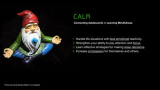 Photo by David Brooke Martin on Unsplash
CALM
Connecting Adolescents to Learning Mindfulness
1. Handle life situations with less emotional reactivity.

2. Strengthen your ability to pay attention and focus.

3. Learn e
ff
ective strategies for making wiser decisions.

4. Increase compassion for themselves and others.
 