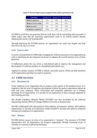 Table 15. Percent improvement compared with results at previous levels.

                         CRITERIA          LEVEL 1 - 2   LEVEL 2 - 3   LEVEL 3 - 4
                    REDUCE DEFECTS            12%           40%           85%
                    REDUCE CYCLE TIME         10%           38%           63%
                    REDUCE COST                8%           35%           75%
                    SCHEDULE VARIANCE        145%           24%           15%


S-CMM by itself does not guarantee that the work done will be outstanding and successful. It
rather makes sure that the practicing organisations work in an orderly manner thereby
implying that results will be predictable.

Through practicing the S-CMM process, an organisation can reach new heights and look
forward to the sky as its limit.

3.3.9 CONCLUSION

It can be concluded that S-CMM helps in judging the software processes of an organisation as
well as identifying the pre-requisites necessary to enhance the overall maturity level of these
processes.

It furthermore points the way down a well-defined path to improve the management and
development of software products in a disciplined and orderly way.

Applied in a proper manner, S-CMM is indeed a powerful system, which can help transform
an IT organisation and help it to reach its pinnacle.

3.4 CMM FOR PEOPLE
3.4.1 BACKGROUND

Every employee in an organisation has an impact on the quality of the product/service. It is
imperative that the level of employee development reflects the quality expectations placed on
each and every employee. Since well-trained and competent employees are a strategic
advantage for an organisation, it is sensible for an organisation to take a strategic approach to
their training activities.

The People Capability Maturity Model (P-CMM) was also developed by the Software
Engineering Institute (SEI) of Carnegie-Mellon University in Pennsylvania.

The SEI collaborated with representatives from industry, government, military, and academic
organisations to develop an evolutionary model intended to develop and optimise employee
training and competence in organisations.

3.4.2 THEMES

P-CMM defines success in terms of an organisation’s “maturity”. The structure of P-CMM
demonstrates how an organisation can progress sequentially through increasing levels of
maturity to a summit of optimal performance.
August 2004                                                                              Page 30 of 39
 