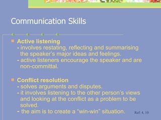 Communication Skills Active listening  -  involves restating, reflecting and summarising    the speaker’s major ideas and feelings.  -  a ctive   listeners encourage the speaker and are    non-committal. Conflict resolution  -  solves arguments and disputes.  -  it  involves   listening to the other person’s views    and looking   at the conflict as a problem to be    s olved.   -   the aim is to create a “win-win” situation. Ref: 4, 10 