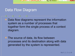 Data Flow Diagram Data flow diagrams represent the information system as a number of processes that together form the single process of a context diagram.  The source of data, its flow between processes and its destination along with data generated by the system is represented. Ref:1, 2, 3, 4, 10 