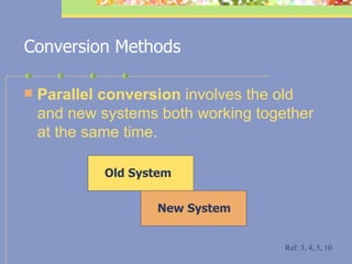 Conversion Methods Parallel  conversion  involves the old and new systems both working together at the same time.  Ref: 3, 4, 5, 10 Old System New System 