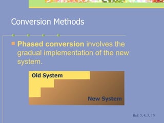 Conversion Methods Phased conversion  involves the gradual implementation of the new system.  Old System New System Ref: 3, 4, 5, 10 