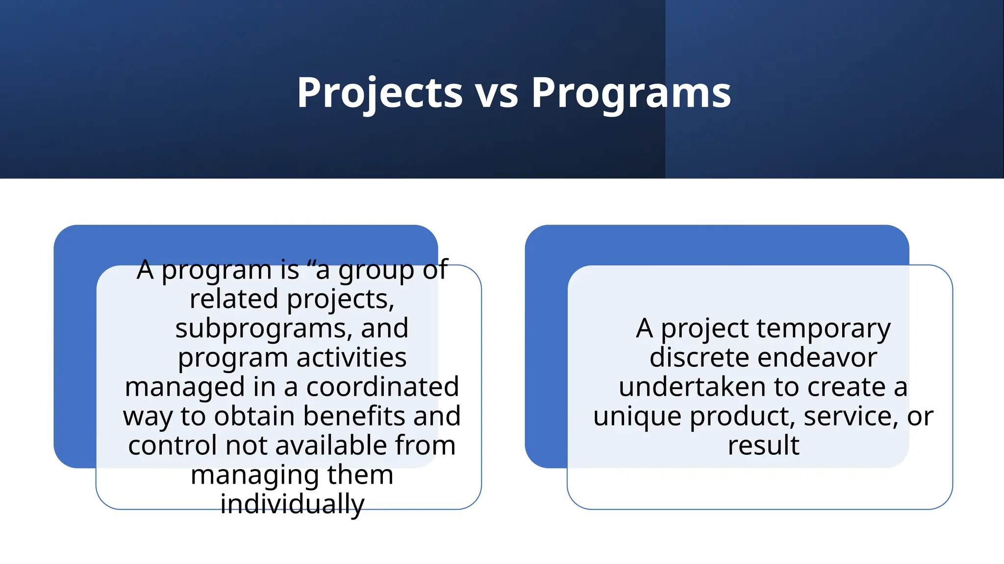 Projects vs Programs
A program is “a group of
related projects,
subprograms, and
program activities
managed in a coordinated
way to obtain benefits and
control not available from
managing them
individually
A project temporary
discrete endeavor
undertaken to create a
unique product, service, or
result
 