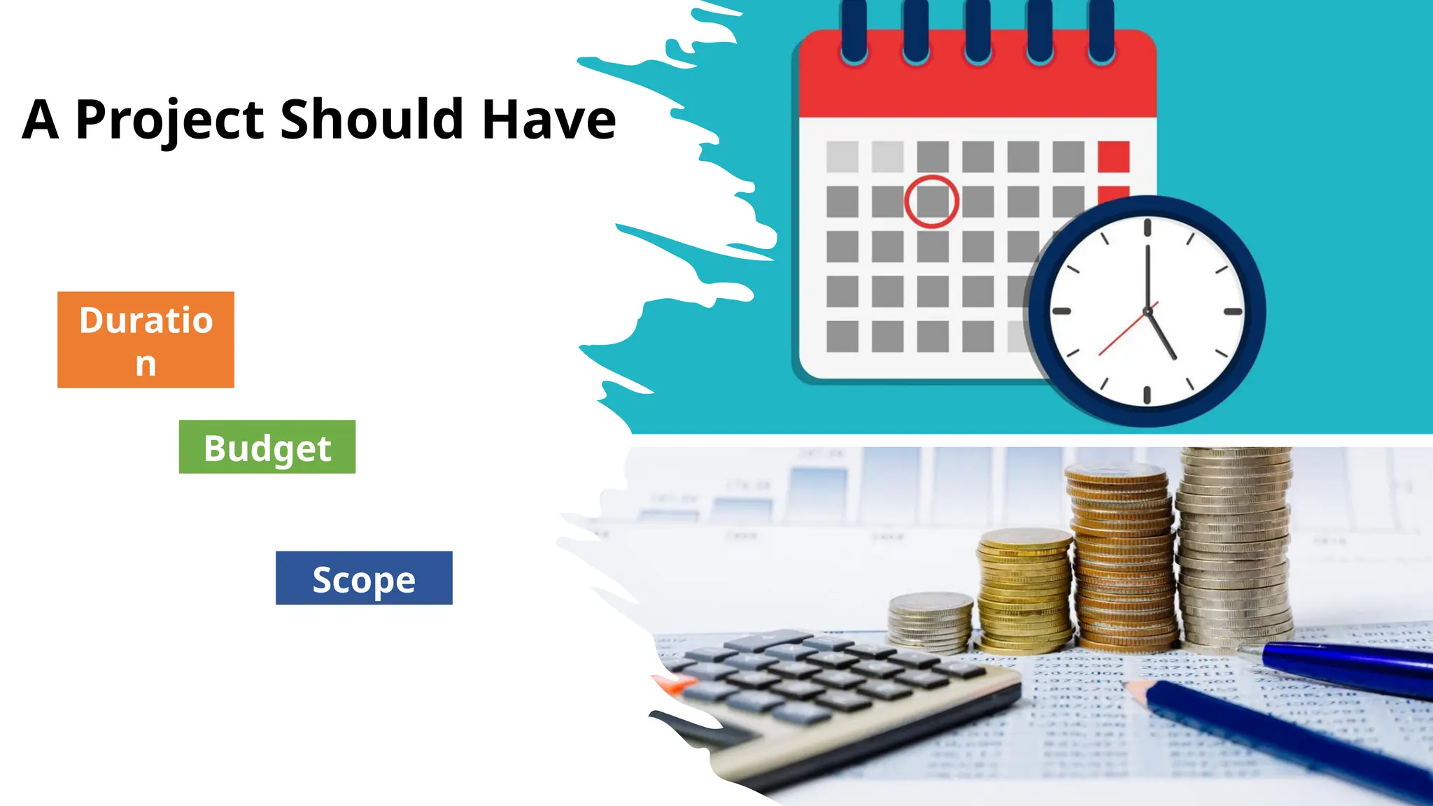 A Project Should Have
Duratio
n
Budget
Scope
 