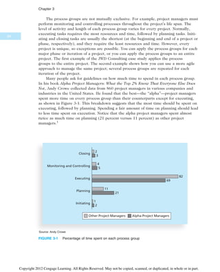 The process groups are not mutually exclusive. For example, project managers must
perform monitoring and controlling processes throughout the project’s life span. The
level of activity and length of each process group varies for every project. Normally,
executing tasks requires the most resources and time, followed by planning tasks. Initi-
ating and closing tasks are usually the shortest (at the beginning and end of a project or
phase, respectively), and they require the least resources and time. However, every
project is unique, so exceptions are possible. You can apply the process groups for each
major phase or iteration of a project, or you can apply the process groups to an entire
project. The first example of the JWD Consulting case study applies the process
groups to the entire project. The second example shows how you can use a more agile
approach to manage the same project; several process groups are repeated for each
iteration of the project.
Many people ask for guidelines on how much time to spend in each process group.
In his book Alpha Project Managers: What the Top 2% Know That Everyone Else Does
Not, Andy Crowe collected data from 860 project managers in various companies and
industries in the United States. He found that the best—the “alpha”—project managers
spent more time on every process group than their counterparts except for executing,
as shown in Figure 3-1. This breakdown suggests that the most time should be spent on
executing, followed by planning. Spending a fair amount of time on planning should lead
to less time spent on execution. Notice that the alpha project managers spent almost
twice as much time on planning (21 percent versus 11 percent) as other project
managers.1
2
Closing
Other Project Managers Alpha Project Managers
Monitoring and Controlling
Executing
Planning
Initiating
3
4
5
82
69
11
21
1
2
Source: Andy Crowe
FIGURE 3-1 Percentage of time spent on each process group
84
Chapter 3
Copyright 2012 Cengage Learning. All Rights Reserved. May not be copied, scanned, or duplicated, in whole or in part.
 