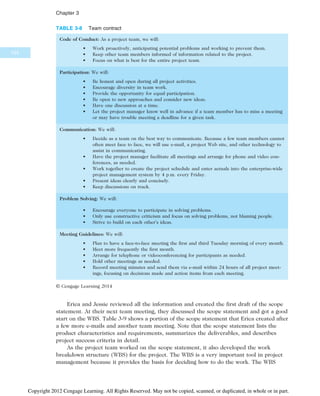 Erica and Jessie reviewed all the information and created the first draft of the scope
statement. At their next team meeting, they discussed the scope statement and got a good
start on the WBS. Table 3-9 shows a portion of the scope statement that Erica created after
a few more e-mails and another team meeting. Note that the scope statement lists the
product characteristics and requirements, summarizes the deliverables, and describes
project success criteria in detail.
As the project team worked on the scope statement, it also developed the work
breakdown structure (WBS) for the project. The WBS is a very important tool in project
management because it provides the basis for deciding how to do the work. The WBS
TABLE 3-8 Team contract
Code of Conduct: As a project team, we will:
• Work proactively, anticipating potential problems and working to prevent them.
• Keep other team members informed of information related to the project.
• Focus on what is best for the entire project team.
Participation: We will:
• Be honest and open during all project activities.
• Encourage diversity in team work.
• Provide the opportunity for equal participation.
• Be open to new approaches and consider new ideas.
• Have one discussion at a time.
• Let the project manager know well in advance if a team member has to miss a meeting
or may have trouble meeting a deadline for a given task.
Communication: We will:
• Decide as a team on the best way to communicate. Because a few team members cannot
often meet face to face, we will use e-mail, a project Web site, and other technology to
assist in communicating.
• Have the project manager facilitate all meetings and arrange for phone and video con-
ferences, as needed.
• Work together to create the project schedule and enter actuals into the enterprise-wide
project management system by 4 p.m. every Friday.
• Present ideas clearly and concisely.
• Keep discussions on track.
Problem Solving: We will:
• Encourage everyone to participate in solving problems.
• Only use constructive criticism and focus on solving problems, not blaming people.
• Strive to build on each other’s ideas.
Meeting Guidelines: We will:
• Plan to have a face-to-face meeting the first and third Tuesday morning of every month.
• Meet more frequently the first month.
• Arrange for telephone or videoconferencing for participants as needed.
• Hold other meetings as needed.
• Record meeting minutes and send them via e-mail within 24 hours of all project meet-
ings, focusing on decisions made and action items from each meeting.
© Cengage Learning 2014
104
Chapter 3
Copyright 2012 Cengage Learning. All Rights Reserved. May not be copied, scanned, or duplicated, in whole or in part.
 