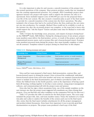 It is also important to plan for and execute a smooth transition of the project into
the normal operations of the company. Most projects produce results that are integrated
into the existing organizational structure. For example, JWD Consulting’s project man-
agement intranet site project will require staff to support the intranet site after it is
operational. Erica included support costs of $40,000 per year for the projected three-
year life of the new system. She also created a transition plan as part of the final report
to provide for a smooth transition of the system into the firm’s operations. The plan
included a list of issues that had to be resolved before the firm could put the new intra-
net site into production. For example, Michael Chen would not be available to work on
the intranet site after the six-month project was complete, so the team had to know who
would support the “Ask the Expert” feature and plan some time for Michael to work with
that person.
Table 3-15 lists the knowledge areas, processes, and outputs of project closing based
on the PMBOK® Guide, Fifth Edition. During the closing processes of any project, project
team members must deliver the final product, service, or result of the project, and update
organizational process assets, such as project files and a lessons-learned report. If project
team members procured items during the project, they must formally complete or close
out all contracts. Templates related to project closing are listed later in this chapter.
Erica and her team prepared a final report, final presentation, contract files, and
lessons-learned report in closing the project. Erica reviewed the confidential, individual
lessons-learned reports from each team member and wrote one summary lessons-learned
report to include in the final documentation, part of which is provided in Table 3-16.
Notice the bulleted items in the fourth question, such as the importance of having a good
kick-off meeting, working together to develop a team contract, using project management
software, and communicating well with the project team and sponsor.
Erica also had Joe sign a client acceptance form, one of the sample templates on the
new intranet site that the project team suggested all consultants use when closing their
projects. (You can find this and other templates on the companion Web site for this text.)
Table 3-17 provides the table of contents for the final project report. The cover page
included the project title, date, and team member names. Notice the inclusion of a transi-
tion plan and a plan to analyze the benefits of the system each year in the final report.
Also, notice that the final report includes attachments for all the project management
and product-related documents. Erica knew how important it was to provide good final
documentation on projects. The project team produced a hard copy of the final
TABLE 3-15 Closing processes and output
Knowledge Area Closing Process Outputs
Project Integration
Management
Close project or phase Final product, service, or result transition
Organizational process assets updates
Project Procurement
Management
Close procurements Closed procurements
Organizational process assets updates
Source: PMBOK® Guide, Fifth Edition, 2012.
118
Chapter 3
Copyright 2012 Cengage Learning. All Rights Reserved. May not be copied, scanned, or duplicated, in whole or in part.
 