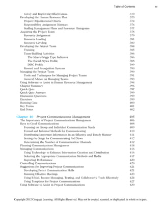 Covey and Improving Effectiveness 370
Developing the Human Resource Plan 373
Project Organizational Charts 374
Responsibility Assignment Matrices 376
Staffing Management Plans and Resource Histograms 377
Acquiring the Project Team 378
Resource Assignment 379
Resource Loading 381
Resource Leveling 383
Developing the Project Team 384
Training 385
Team-Building Activities 386
The Myers-Briggs Type Indicator 386
The Social Styles Profile 388
DISC Profile 389
Reward and Recognition Systems 390
Managing the Project Team 390
Tools and Techniques for Managing Project Teams 391
General Advice on Managing Teams 393
Using Software to Assist in Human Resource Management 394
Chapter Summary 396
Quick Quiz 397
Quick Quiz Answers 399
Discussion Questions 399
Exercises 399
Running Case 400
Key Terms 401
End Notes 402
Chapter 10 Project Communications Management 405
The Importance of Project Communications Management 406
Keys to Good Communications 408
Focusing on Group and Individual Communication Needs 409
Formal and Informal Methods for Communicating 410
Distributing Important Information in an Effective and Timely Manner 411
Setting the Stage for Communicating Bad News 412
Determining the Number of Communication Channels 412
Planning Communications Management 414
Managing Communications 416
Using Technology to Enhance Information Creation and Distribution 416
Selecting the Appropriate Communication Methods and Media 417
Reporting Performance 420
Controlling Communications 420
Suggestions for Improving Project Communications 421
Developing Better Communication Skills 421
Running Effective Meetings 423
Using E-Mail, Instant Messaging, Texting, and Collaborative Tools Effectively 424
Using Templates for Project Communications 427
Using Software to Assist in Project Communications 430
Table of Contents xv
Copyright 2012 Cengage Learning. All Rights Reserved. May not be copied, scanned, or duplicated, in whole or in part.
 