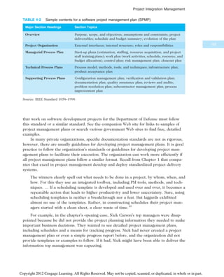 that work on software development projects for the Department of Defense must follow
this standard or a similar standard. See the companion Web site for links to samples of
project management plans or search various government Web sites to find free, detailed
examples.
In many private organizations, specific documentation standards are not as rigorous;
however, there are usually guidelines for developing project management plans. It is good
practice to follow the organization’s standards or guidelines for developing project man-
agement plans to facilitate their execution. The organization can work more efficiently if
all project management plans follow a similar format. Recall from Chapter 1 that compa-
nies that excel in project management develop and deploy standardized project delivery
systems.
The winners clearly spell out what needs to be done in a project, by whom, when, and
how. For this they use an integrated toolbox, including PM tools, methods, and tech-
niques. … If a scheduling template is developed and used over and over, it becomes a
repeatable action that leads to higher productivity and lower uncertainty. Sure, using
scheduling templates is neither a breakthrough nor a feat. But laggards exhibited
almost no use of the templates. Rather, in constructing schedules their project man-
agers started with a clean sheet, a clear waste of time.10
For example, in the chapter’s opening case, Nick Carson’s top managers were disap-
pointed because he did not provide the project planning information they needed to make
important business decisions. They wanted to see detailed project management plans,
including schedules and a means for tracking progress. Nick had never created a project
management plan or even a simple progress report before, and the organization did not
provide templates or examples to follow. If it had, Nick might have been able to deliver the
information top management was expecting.
TABLE 4-2 Sample contents for a software project management plan (SPMP)
Major Section Headings Section Topics
Overview Purpose, scope, and objectives; assumptions and constraints; project
deliverables; schedule and budget summary; evolution of the plan
Project Organization External interfaces; internal structure; roles and responsibilities
Managerial Process Plan Start-up plans (estimation, staffing, resource acquisition, and project
staff training plans); work plan (work activities, schedule, resource, and
budget allocation); control plan; risk management plan; closeout plan
Technical Process Plans Process model; methods, tools, and techniques; infrastructure plan;
product acceptance plan
Supporting Process Plans Configuration management plan; verification and validation plan;
documentation plan; quality assurance plan; reviews and audits;
problem resolution plan; subcontractor management plan; process
improvement plan
Source: IEEE Standard 1058–1998
165
Project Integration Management
Copyright 2012 Cengage Learning. All Rights Reserved. May not be copied, scanned, or duplicated, in whole or in part.
 