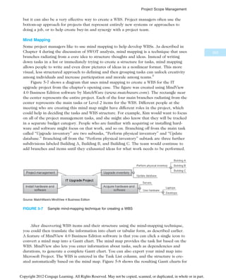but it can also be a very effective way to create a WBS. Project managers often use the
bottom-up approach for projects that represent entirely new systems or approaches to
doing a job, or to help create buy-in and synergy with a project team.
Mind Mapping
Some project managers like to use mind mapping to help develop WBSs. As described in
Chapter 4 during the discussion of SWOT analysis, mind mapping is a technique that uses
branches radiating from a core idea to structure thoughts and ideas. Instead of writing
down tasks in a list or immediately trying to create a structure for tasks, mind mapping
allows people to write and even draw pictures of ideas in a nonlinear format. This more
visual, less structured approach to defining and then grouping tasks can unlock creativity
among individuals and increase participation and morale among teams.5
Figure 5-7 shows a diagram that uses mind mapping to create a WBS for the IT
upgrade project from the chapter’s opening case. The figure was created using MindView
4.0 Business Edition software by MatchWare (www.matchware.com). The rectangle near
the center represents the entire project. Each of the four main branches radiating from the
center represents the main tasks or Level 2 items for the WBS. Different people at the
meeting who are creating this mind map might have different roles in the project, which
could help in deciding the tasks and WBS structure. For example, Kim would want to focus
on all of the project management tasks, and she might also know that they will be tracked
in a separate budget category. People who are familiar with acquiring or installing hard-
ware and software might focus on that work, and so on. Branching off from the main task
called “Upgrade inventory” are two subtasks, “Perform physical inventory” and “Update
database.” Branching off from the “Perform physical inventory” subtask are three further
subdivisions labeled Building A, Building B, and Building C. The team would continue to
add branches and items until they exhausted ideas for what work needs to be performed.
After discovering WBS items and their structure using the mind-mapping technique,
you could then translate the information into chart or tabular form, as described earlier.
A feature of MindView 4.0 Business Edition software is that you can click a single icon to
convert a mind map into a Gantt chart. The mind map provides the task list based on the
WBS. MindView also lets you enter information about tasks, such as dependencies and
durations, to generate a complete Gantt chart. You can also export your mind map into
Microsoft Project. The WBS is entered in the Task List column, and the structure is cre-
ated automatically based on the mind map. Figure 5-8 shows the resulting Gantt charts for
Source: MatchWare’s MindView 4 Business Edition
FIGURE 5-7 Sample mind-mapping technique for creating a WBS
205
Project Scope Management
Copyright 2012 Cengage Learning. All Rights Reserved. May not be copied, scanned, or duplicated, in whole or in part.
 