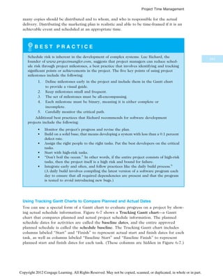 many copies should be distributed and to whom, and who is responsible for the actual
delivery. Distributing the marketing plan is realistic and able to be time-framed if it is an
achievable event and scheduled at an appropriate time.
B E S T P R A C T I C E
Schedule risk is inherent in the development of complex systems. Luc Richard, the
founder of www.projectmangler.com, suggests that project managers can reduce sched-
ule risk through project milestones, a best practice that involves identifying and tracking
significant points or achievements in the project. The five key points of using project
milestones include the following:
1. Define milestones early in the project and include them in the Gantt chart
to provide a visual guide.
2. Keep milestones small and frequent.
3. The set of milestones must be all-encompassing.
4. Each milestone must be binary, meaning it is either complete or
incomplete.
5. Carefully monitor the critical path.
Additional best practices that Richard recommends for software development
projects include the following:
• Monitor the project’s progress and revise the plan.
• Build on a solid base; that means developing a system with less than a 0.1 percent
defect rate.
• Assign the right people to the right tasks. Put the best developers on the critical
tasks.
• Start with high-risk tasks.
• “Don’t boil the ocean.” In other words, if the entire project consists of high-risk
tasks, then the project itself is a high risk and bound for failure.
• Integrate early and often, and follow practices like the daily build process.6
(A daily build involves compiling the latest version of a software program each
day to ensure that all required dependencies are present and that the program
is tested to avoid introducing new bugs.)
Using Tracking Gantt Charts to Compare Planned and Actual Dates
You can use a special form of a Gantt chart to evaluate progress on a project by show-
ing actual schedule information. Figure 6-7 shows a Tracking Gantt chart—a Gantt
chart that compares planned and actual project schedule information. The planned
schedule dates for activities are called the baseline dates, and the entire approved
planned schedule is called the schedule baseline. The Tracking Gantt chart includes
columns labeled “Start” and “Finish” to represent actual start and finish dates for each
task, as well as columns labeled “Baseline Start” and “Baseline Finish” to represent
planned start and finish dates for each task. (These columns are hidden in Figure 6-7.)
241
Project Time Management
Copyright 2012 Cengage Learning. All Rights Reserved. May not be copied, scanned, or duplicated, in whole or in part.
 