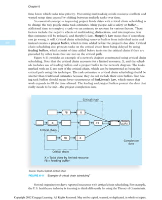 time know which tasks take priority. Preventing multitasking avoids resource conflicts and
wasted setup time caused by shifting between multiple tasks over time.
An essential concept to improving project finish dates with critical chain scheduling is
to change the way people make task estimates. Many people add a safety or buffer—
additional time to complete a task—to an estimate to account for various factors. These
factors include the negative effects of multitasking, distractions, and interruptions, fear
that estimates will be reduced, and Murphy’s Law. Murphy’s Law states that if something
can go wrong, it will. Critical chain scheduling removes buffers from individual tasks and
instead creates a project buffer, which is time added before the project’s due date. Critical
chain scheduling also protects tasks on the critical chain from being delayed by using
feeding buffers, which consist of time added before tasks on the critical chain if they are
preceded by other tasks that are not on the critical path.
Figure 6-11 provides an example of a network diagram constructed using critical chain
scheduling. Note that the critical chain accounts for a limited resource, X, and the sched-
ule includes use of feeding buffers and a project buffer in the network diagram. The tasks
marked with an X are part of the critical chain, which can be interpreted as being the
critical path using this technique. The task estimates in critical chain scheduling should be
shorter than traditional estimates because they do not include their own buffers. Not hav-
ing task buffers should mean fewer occurrences of Parkinson’s Law, which states that
work expands to fill the time allowed. The feeding and project buffers protect the date that
really needs to be met—the project completion date.
Several organizations have reported successes with critical chain scheduling. For example,
the U.S. healthcare industry is learning to think differently by using the Theory of Constraints.
FB X
X
FB X
Completion
date
Project
buffer
Critical chain
Critical chain
X = Tasks done by limited resource
FB = Feeding buffer
Critical chain
FB
Source: Eliyahu Goldratt, Critical Chain
FIGURE 6-11 Example of critical chain scheduling7
250
Chapter 6
Copyright 2012 Cengage Learning. All Rights Reserved. May not be copied, scanned, or duplicated, in whole or in part.
 